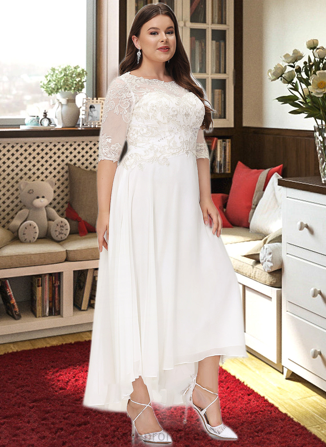 Michelle A-Line Scoop Neck Asymmetrical Chiffon Wedding Dress With Beading Sequins SRSP0013686