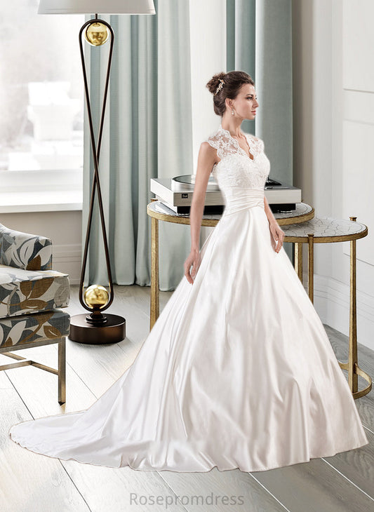 Margery Ball-Gown/Princess V-neck Court Train Satin Lace Wedding Dress With Ruffle SRSP0013688