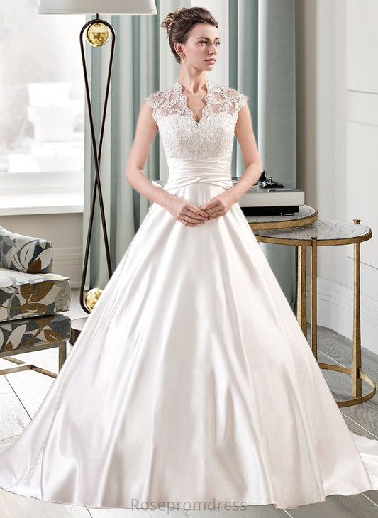 Margery Ball-Gown/Princess V-neck Court Train Satin Lace Wedding Dress With Ruffle SRSP0013688
