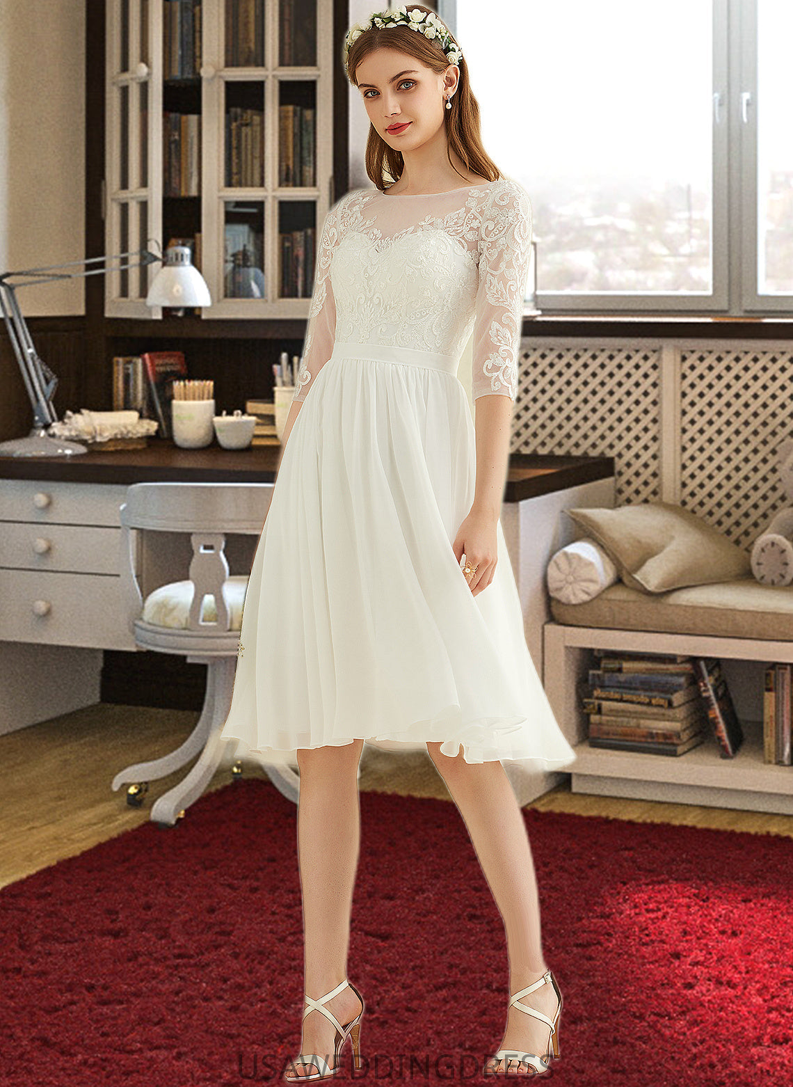 Tianna A-Line Knee-Length Chiffon Lace Wedding Dress With Sequins DSP0013689