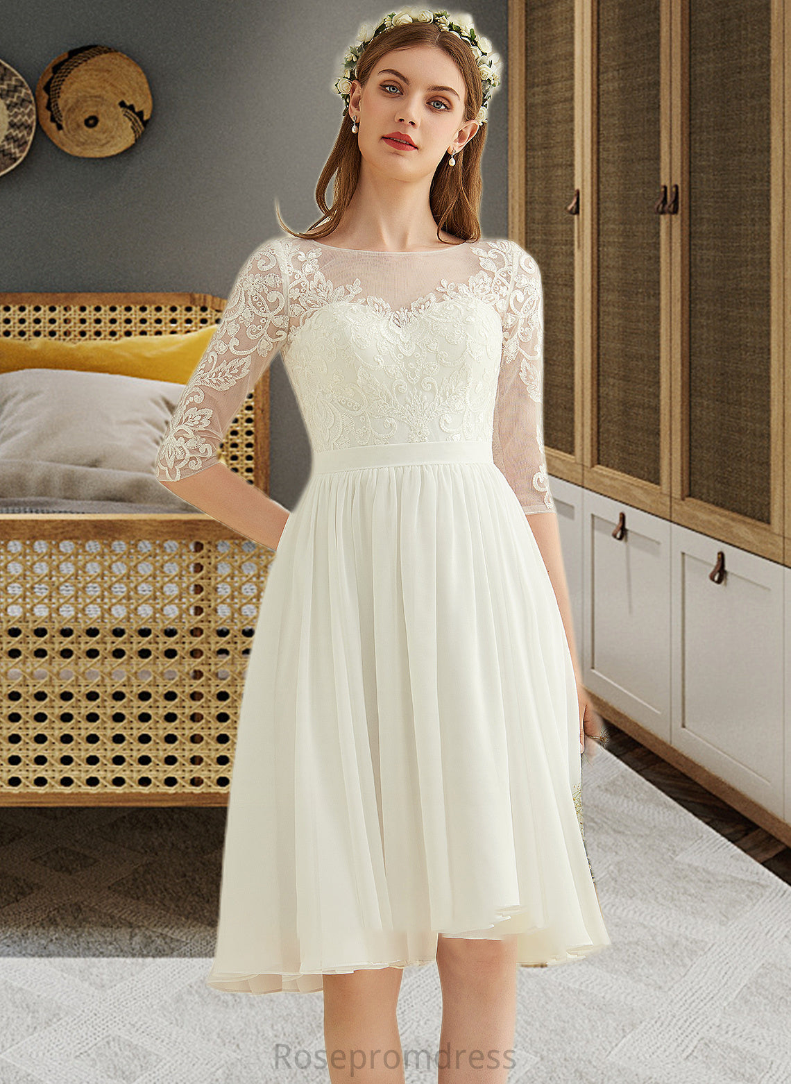 Abril A-Line Knee-Length Chiffon Lace Wedding Dress With Sequins SRSP0013689
