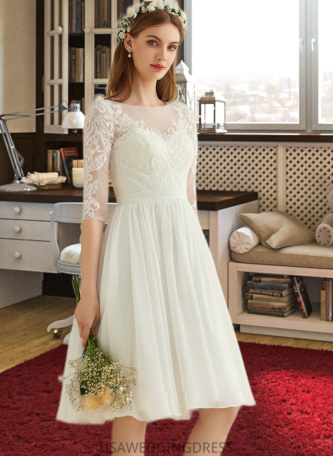 Tianna A-Line Knee-Length Chiffon Lace Wedding Dress With Sequins DSP0013689