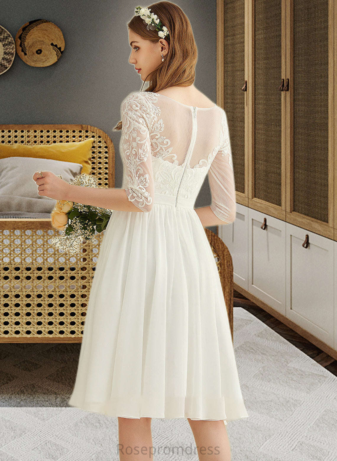 Abril A-Line Knee-Length Chiffon Lace Wedding Dress With Sequins SRSP0013689