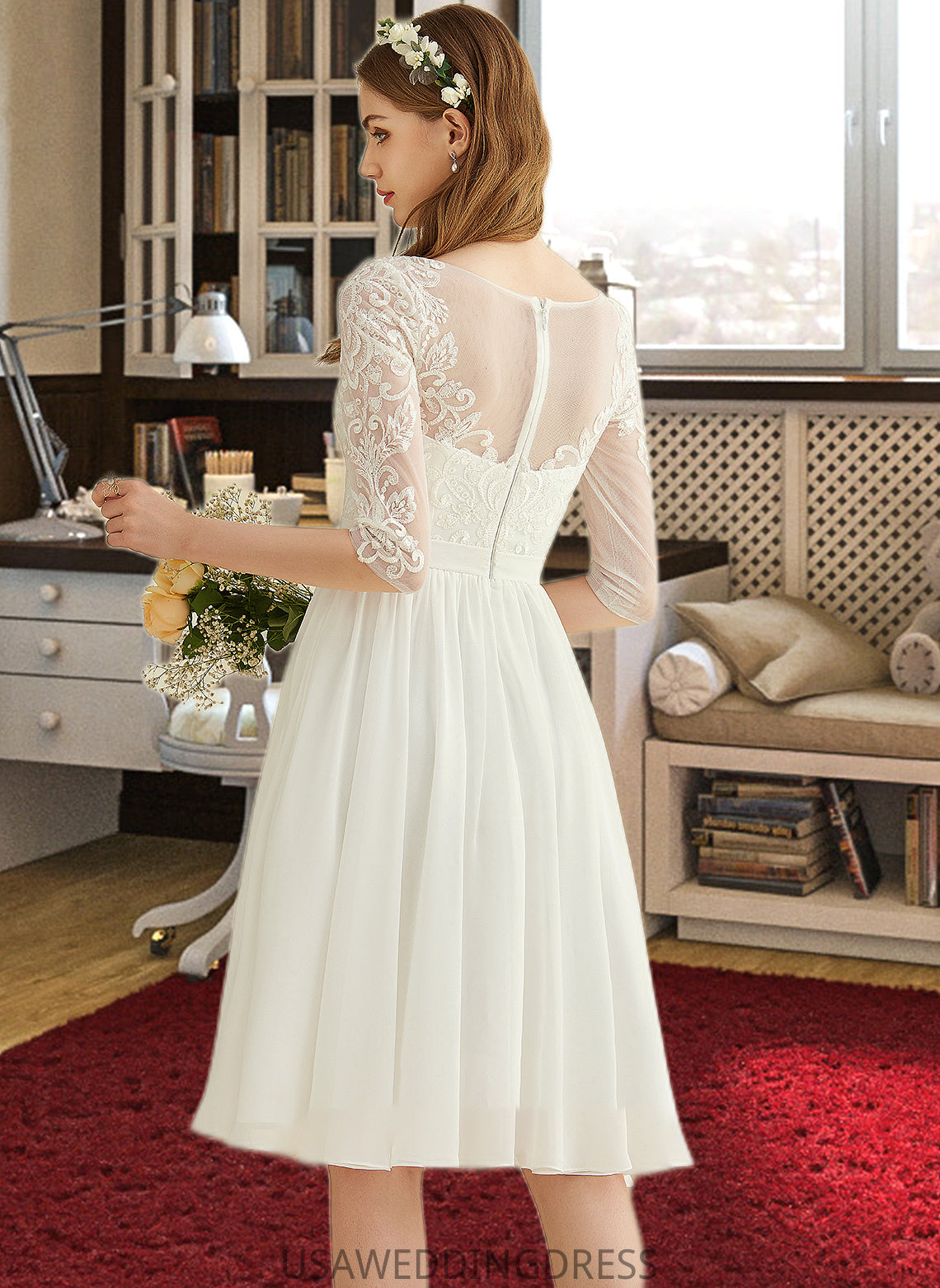 Tianna A-Line Knee-Length Chiffon Lace Wedding Dress With Sequins DSP0013689