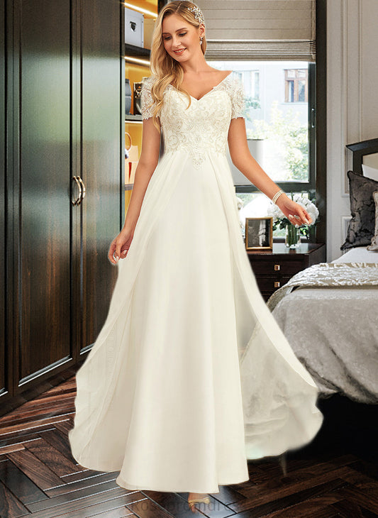 Chelsea A-Line V-neck Floor-Length Chiffon Lace Wedding Dress With Lace SRSP0013691
