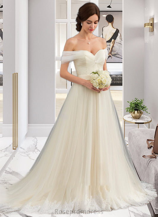 Ashleigh Ball-Gown/Princess Off-the-Shoulder Court Train Tulle Lace Wedding Dress With Ruffle SRSP0013692