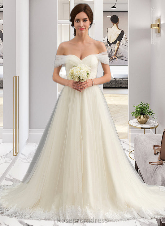 Ashleigh Ball-Gown/Princess Off-the-Shoulder Court Train Tulle Lace Wedding Dress With Ruffle SRSP0013692