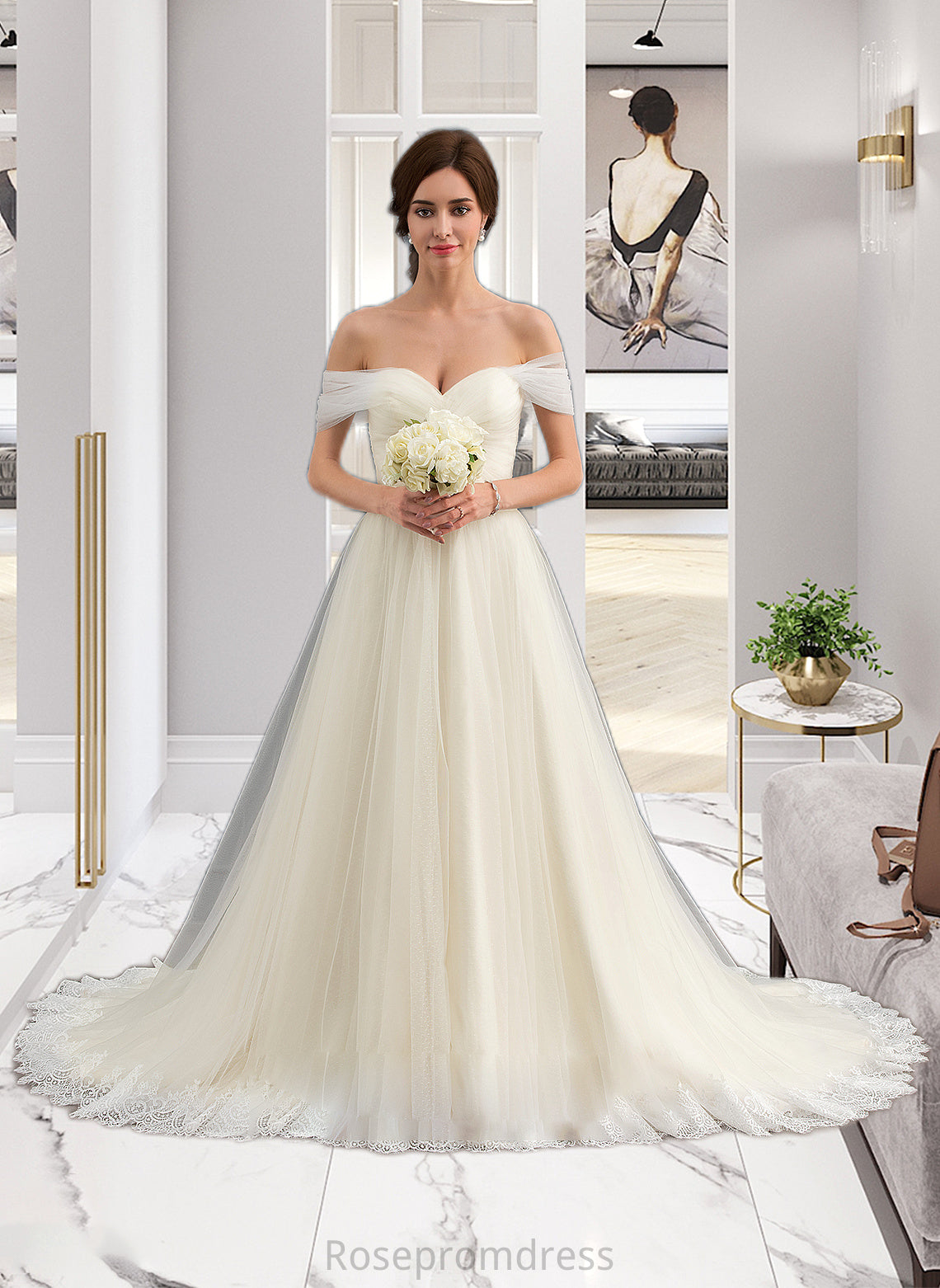 Ashleigh Ball-Gown/Princess Off-the-Shoulder Court Train Tulle Lace Wedding Dress With Ruffle SRSP0013692