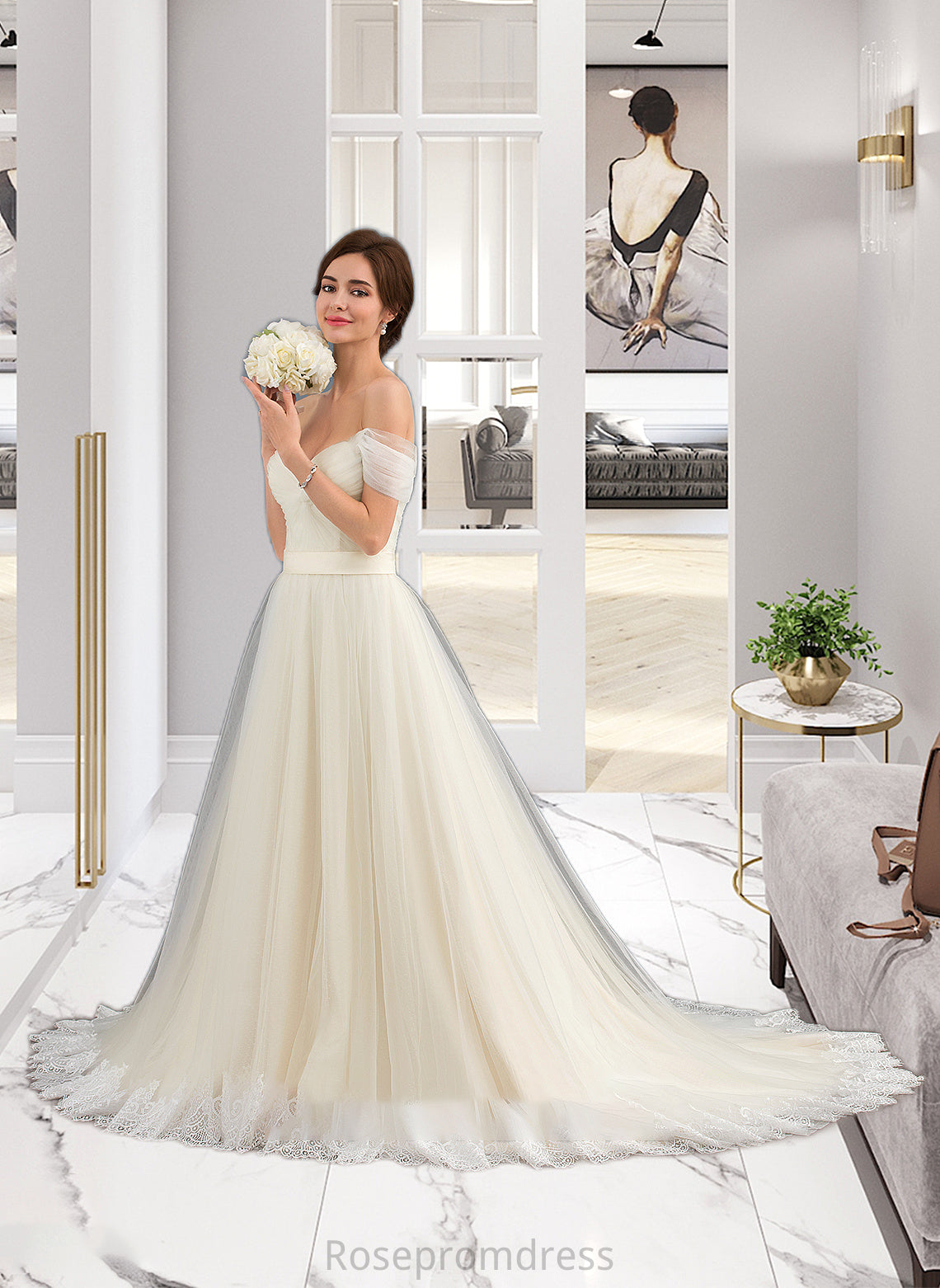 Ashleigh Ball-Gown/Princess Off-the-Shoulder Court Train Tulle Lace Wedding Dress With Ruffle SRSP0013692