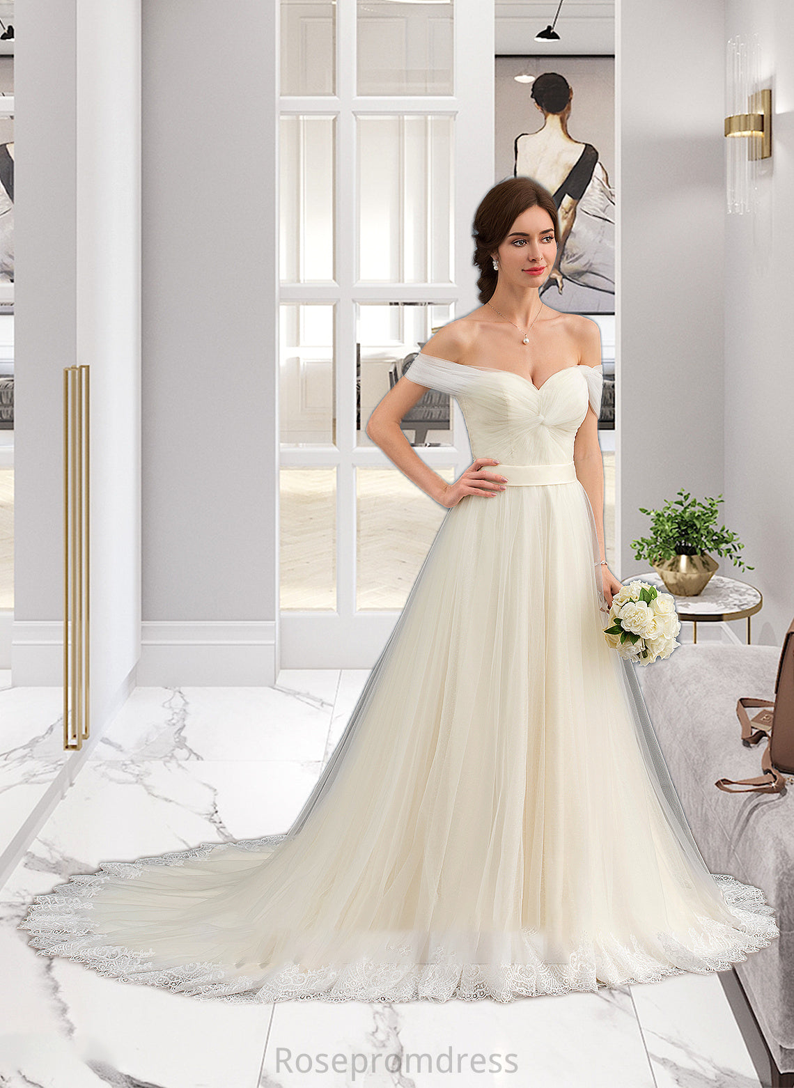 Ashleigh Ball-Gown/Princess Off-the-Shoulder Court Train Tulle Lace Wedding Dress With Ruffle SRSP0013692