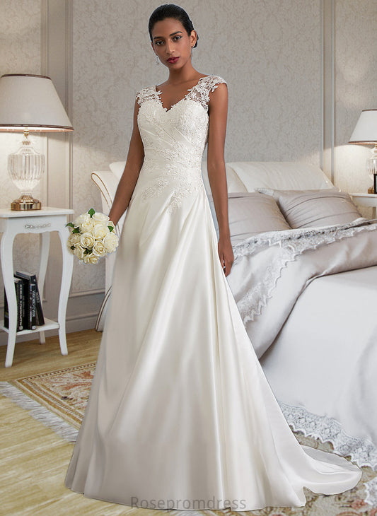Catalina Ball-Gown/Princess V-neck Sweep Train Satin Wedding Dress With Ruffle Beading Sequins SRSP0013693