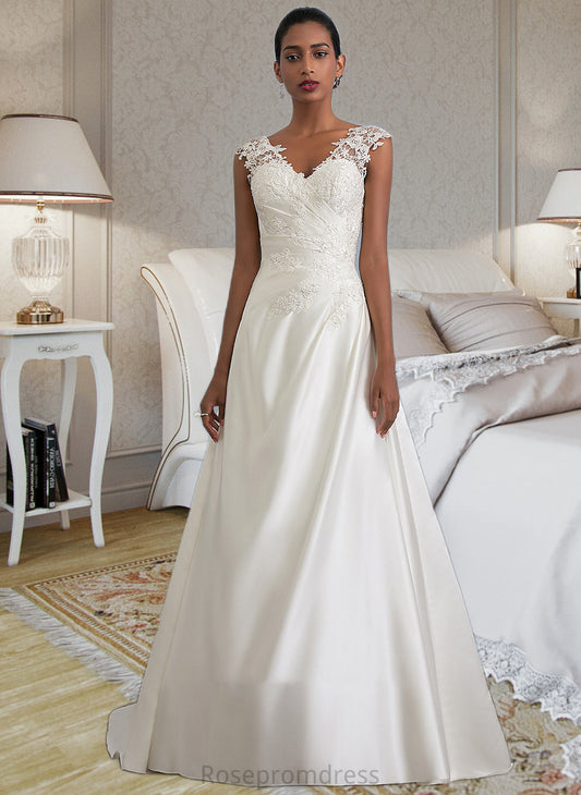 Catalina Ball-Gown/Princess V-neck Sweep Train Satin Wedding Dress With Ruffle Beading Sequins SRSP0013693