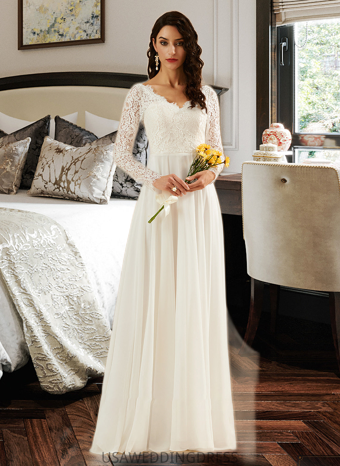 Simone A-Line V-neck Sweep Train Wedding Dress With Lace DSP0013696