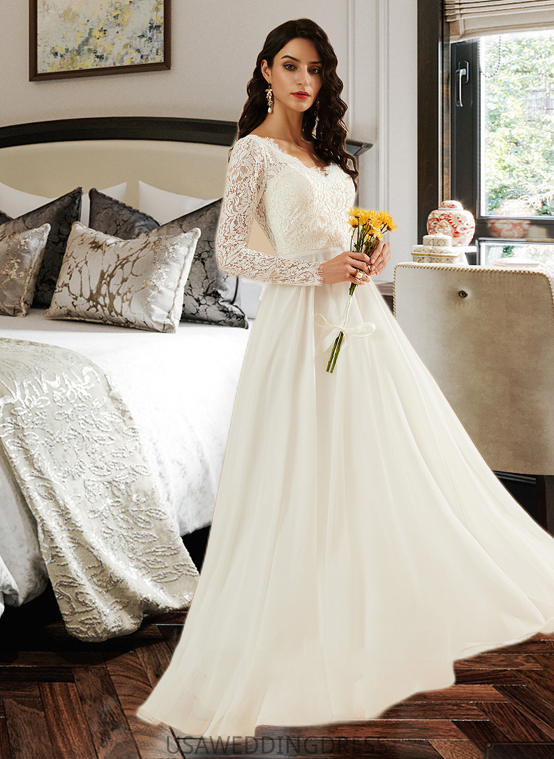 Simone A-Line V-neck Sweep Train Wedding Dress With Lace DSP0013696