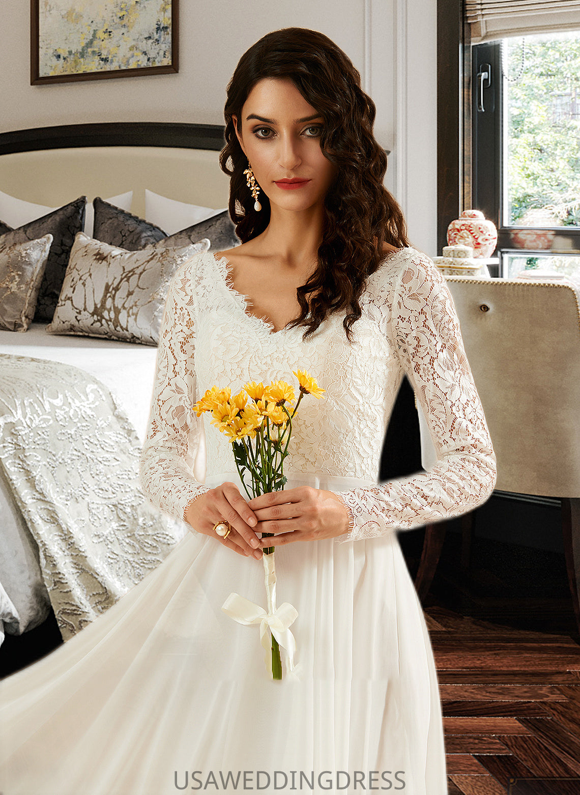 Simone A-Line V-neck Sweep Train Wedding Dress With Lace DSP0013696