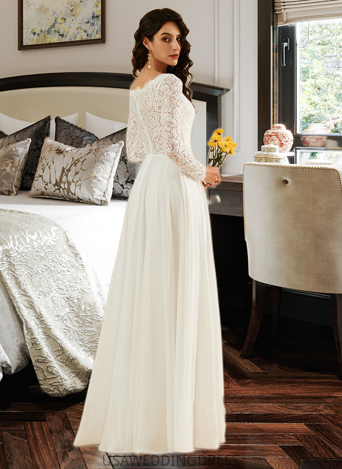 Simone A-Line V-neck Sweep Train Wedding Dress With Lace DSP0013696