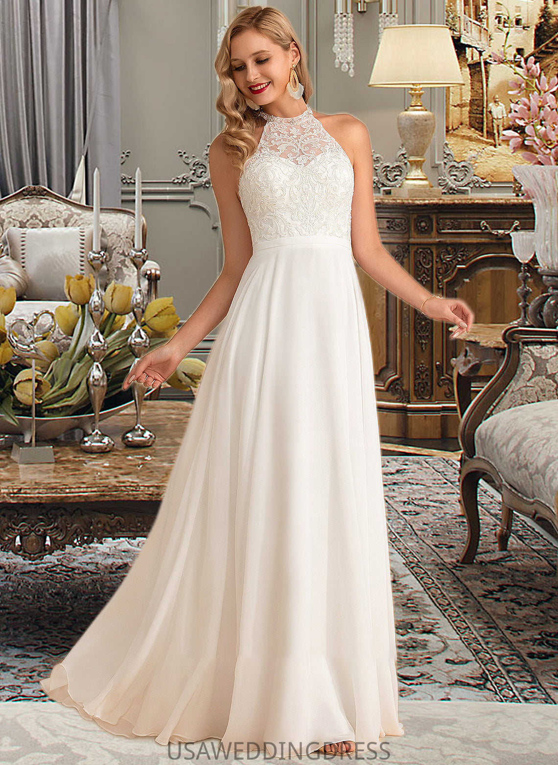 Maria A-Line High Neck Floor-Length Chiffon Wedding Dress DSP0013702