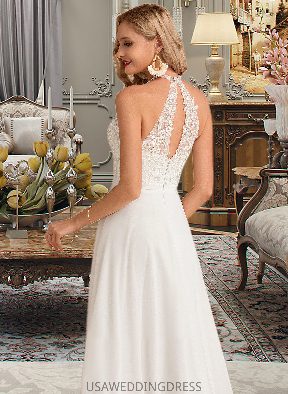 Maria A-Line High Neck Floor-Length Chiffon Wedding Dress DSP0013702