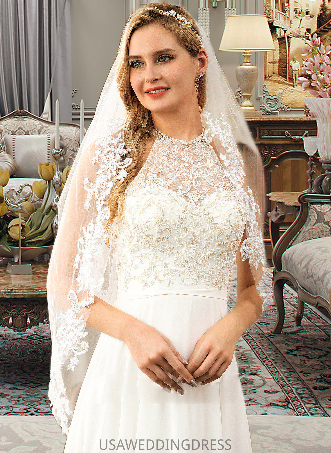 Maria A-Line High Neck Floor-Length Chiffon Wedding Dress DSP0013702