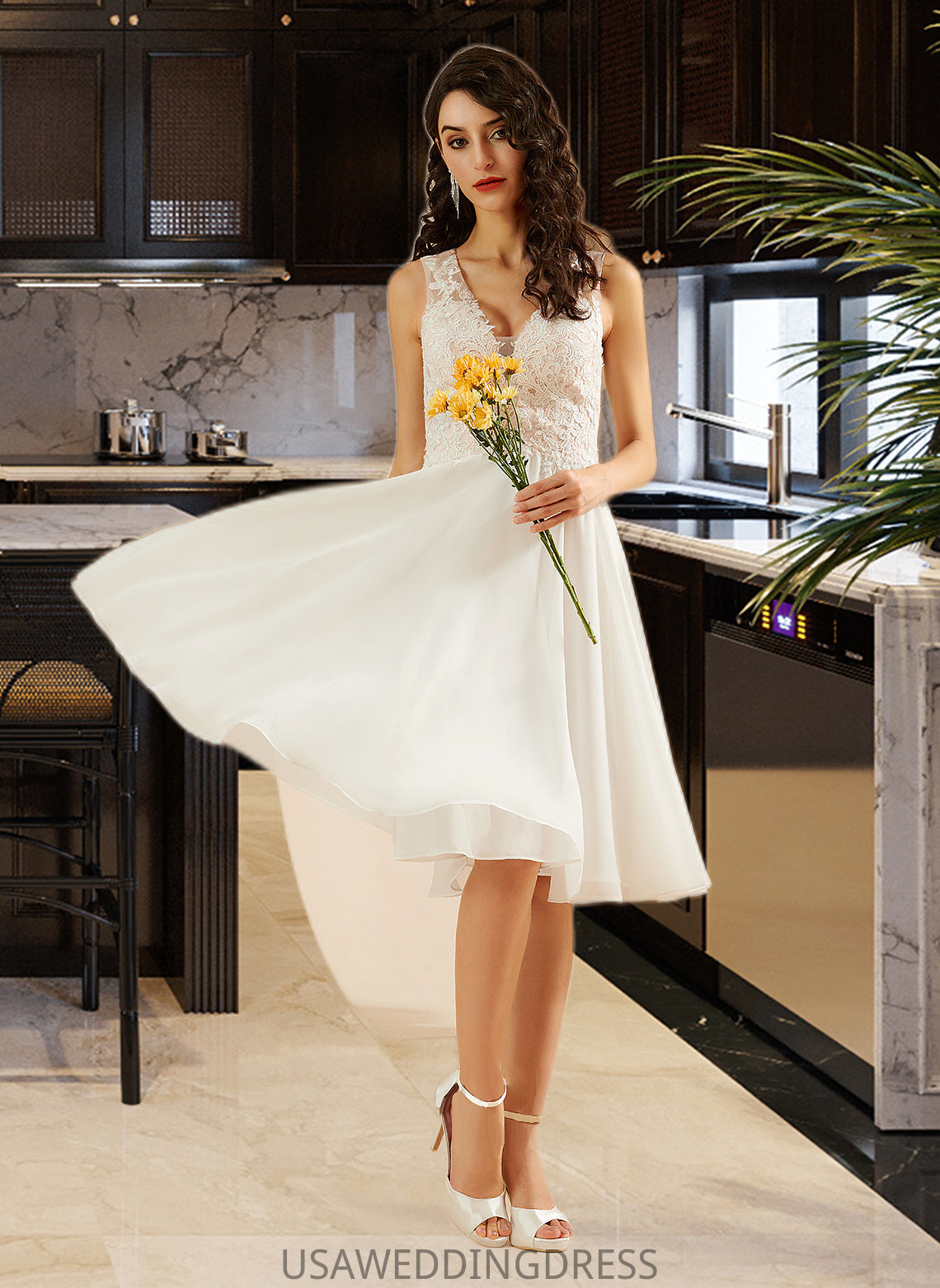 Paisley A-Line V-neck Knee-Length Wedding Dress With Lace Sequins DSP0013703