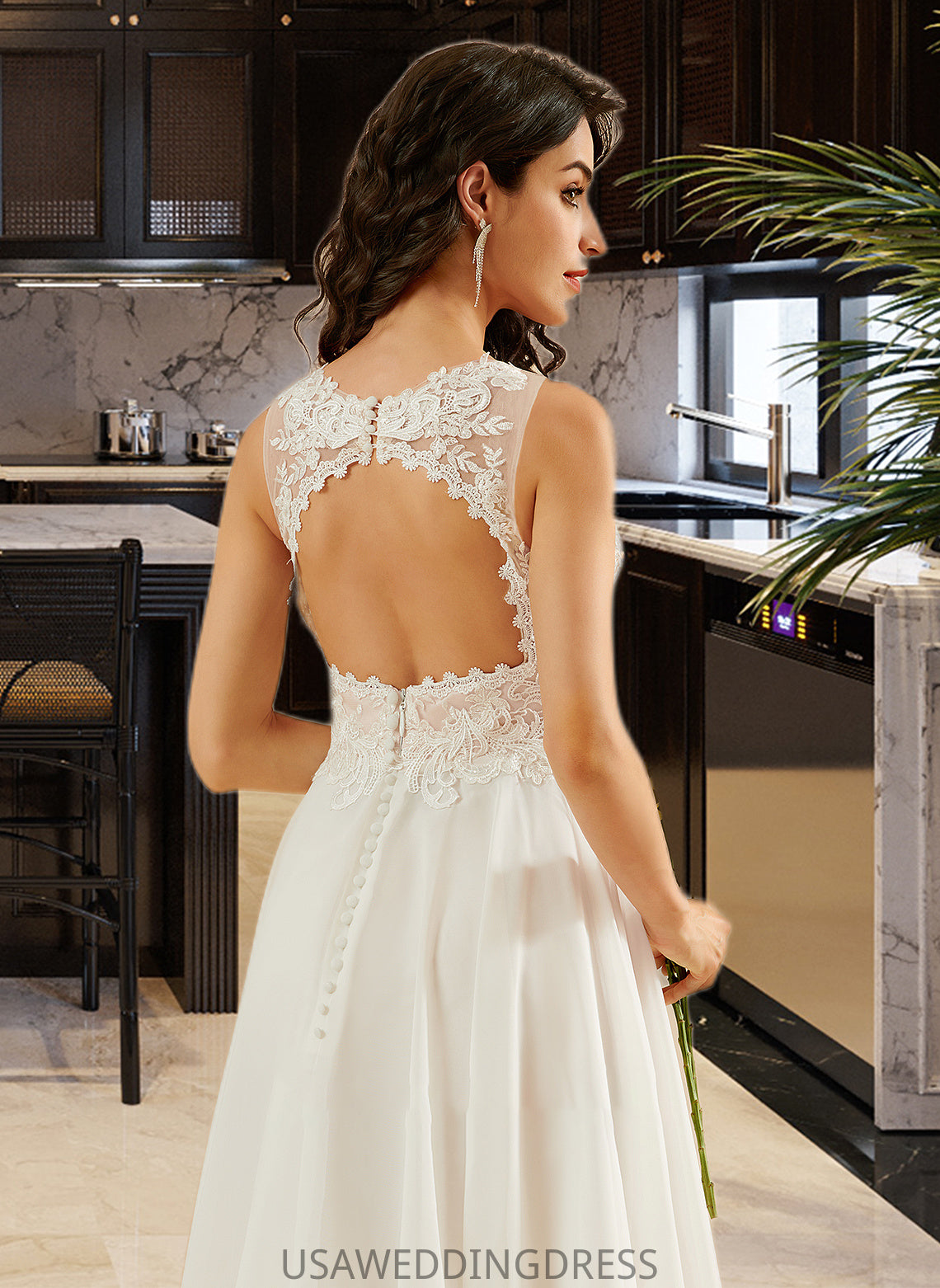 Paisley A-Line V-neck Knee-Length Wedding Dress With Lace Sequins DSP0013703
