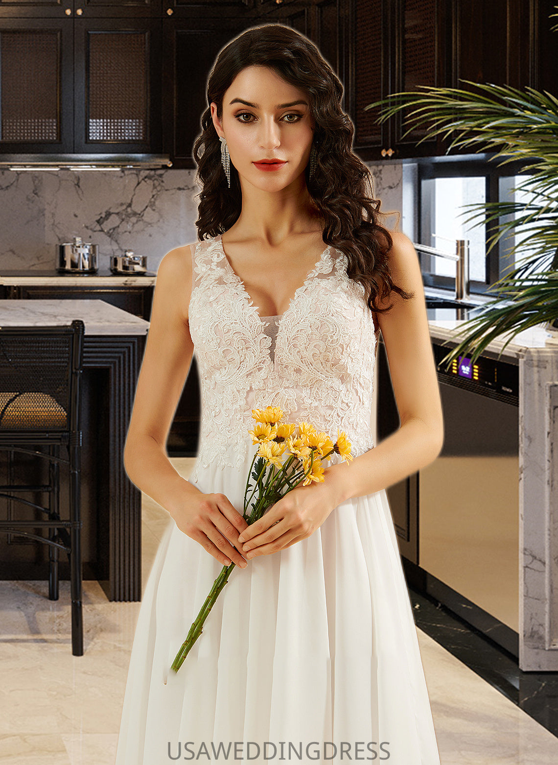 Paisley A-Line V-neck Knee-Length Wedding Dress With Lace Sequins DSP0013703