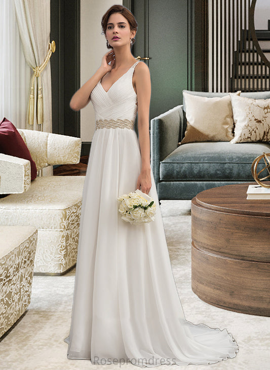 Minnie A-Line V-neck Sweep Train Chiffon Wedding Dress With Ruffle Lace Beading Sequins SRSP0013705