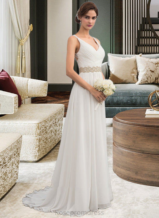 Minnie A-Line V-neck Sweep Train Chiffon Wedding Dress With Ruffle Lace Beading Sequins SRSP0013705