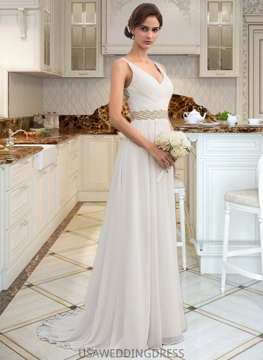 Michaelia A-Line V-neck Sweep Train Chiffon Wedding Dress With Ruffle Lace Beading Sequins DSP0013705