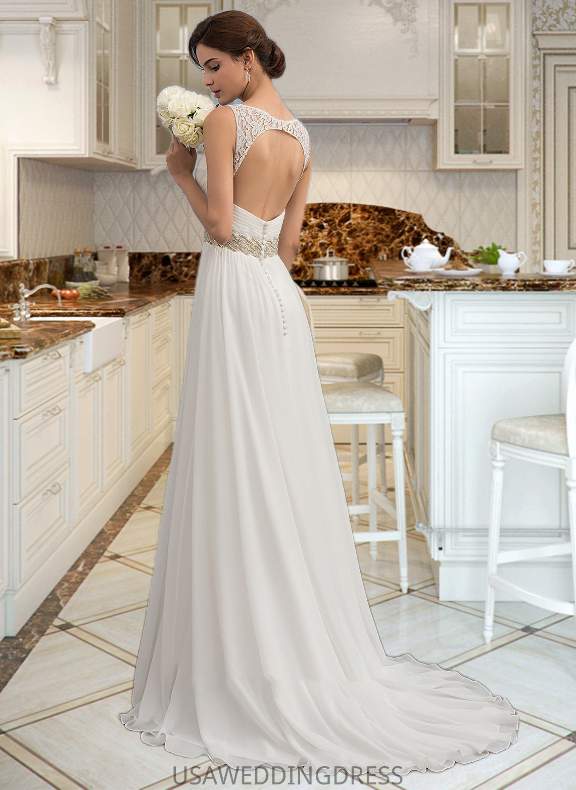 Michaelia A-Line V-neck Sweep Train Chiffon Wedding Dress With Ruffle Lace Beading Sequins DSP0013705