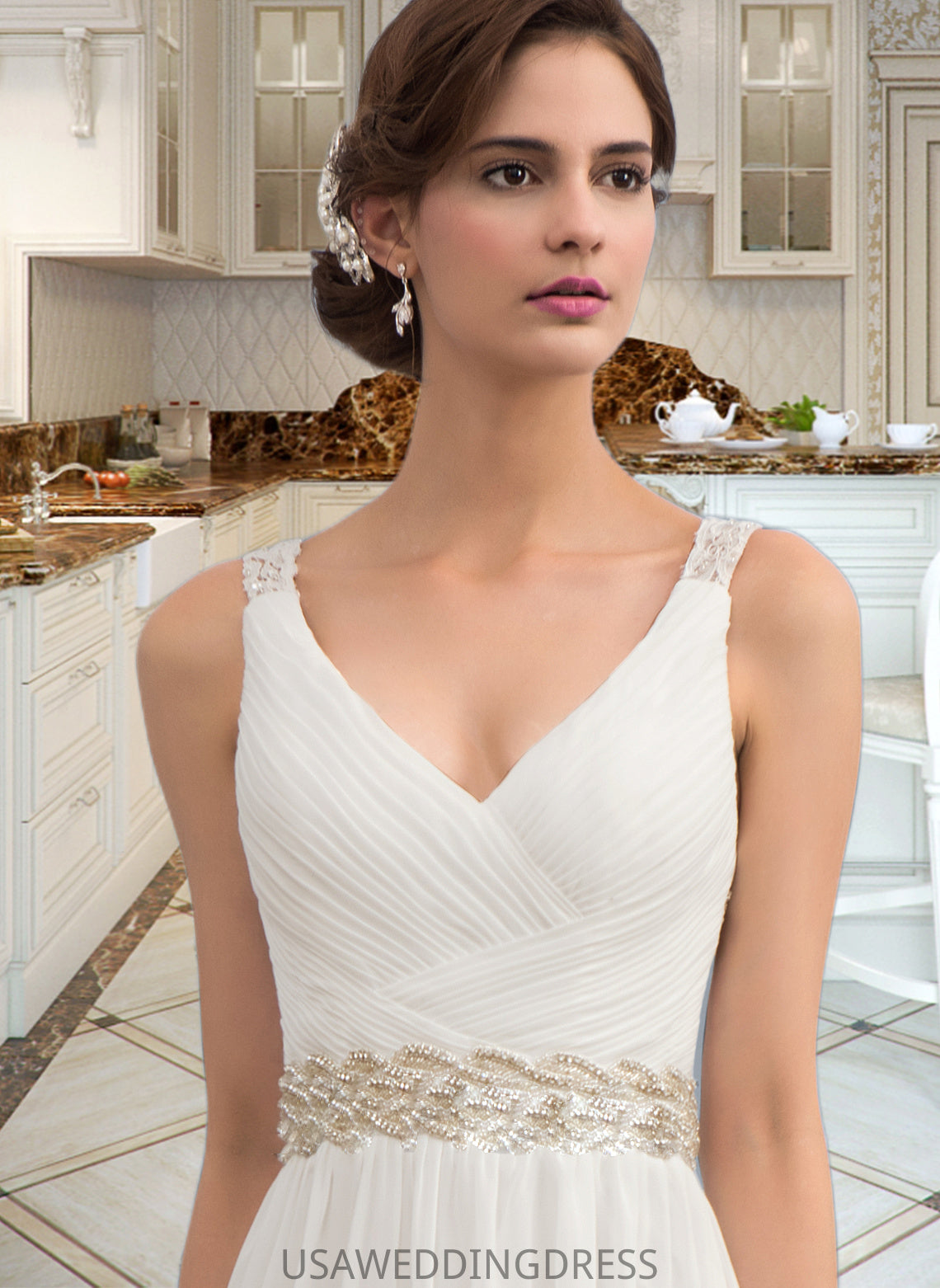 Michaelia A-Line V-neck Sweep Train Chiffon Wedding Dress With Ruffle Lace Beading Sequins DSP0013705
