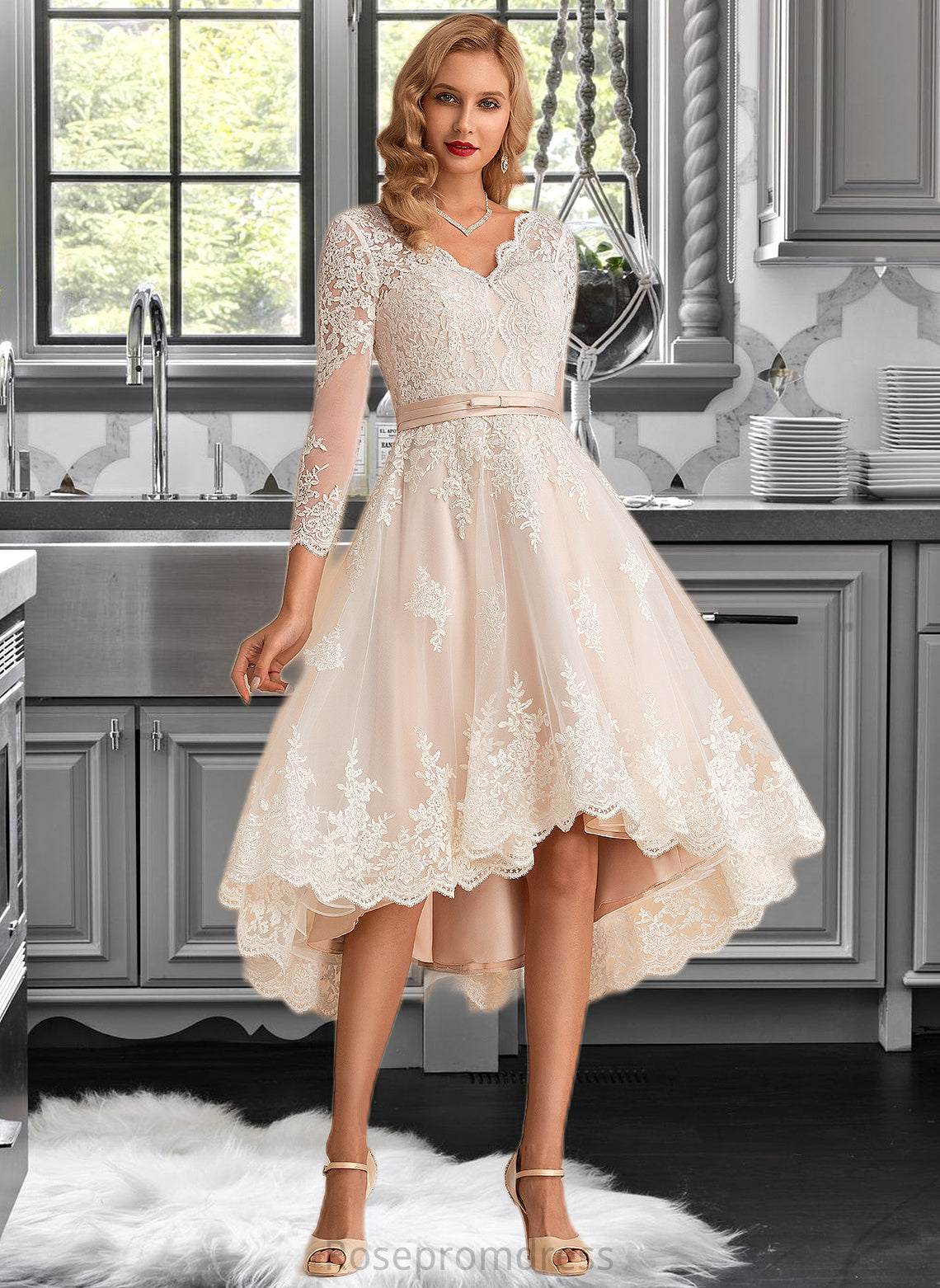 Mikayla A-Line V-neck Asymmetrical Satin Tulle Lace Wedding Dress SRSP0013706