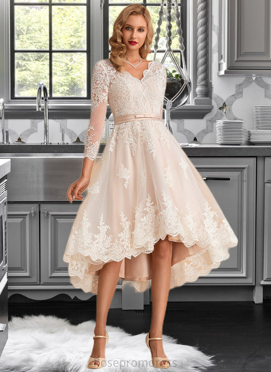 Mikayla A-Line V-neck Asymmetrical Satin Tulle Lace Wedding Dress SRSP0013706