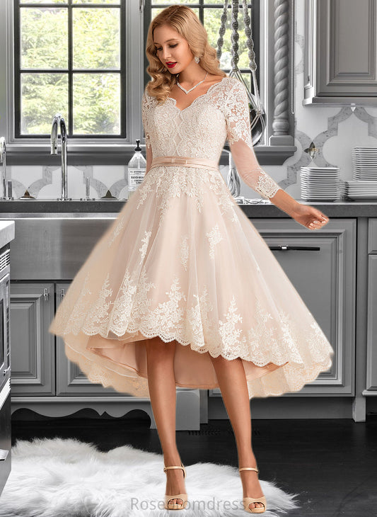 Mikayla A-Line V-neck Asymmetrical Satin Tulle Lace Wedding Dress SRSP0013706