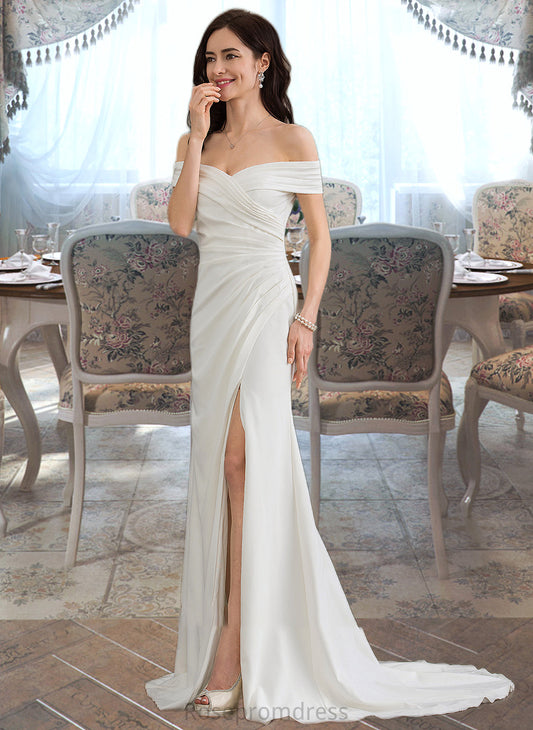 Lilith Sheath/Column Off-the-Shoulder Sweep Train Stretch Crepe Wedding Dress With Ruffle Split Front SRSP0013707