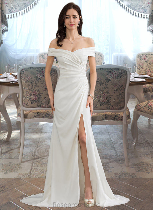 Lilith Sheath/Column Off-the-Shoulder Sweep Train Stretch Crepe Wedding Dress With Ruffle Split Front SRSP0013707