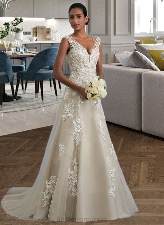 Abril A-Line V-neck Court Train Tulle Lace Wedding Dress With Beading Sequins SRSP0013709