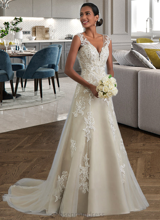 Abril A-Line V-neck Court Train Tulle Lace Wedding Dress With Beading Sequins SRSP0013709