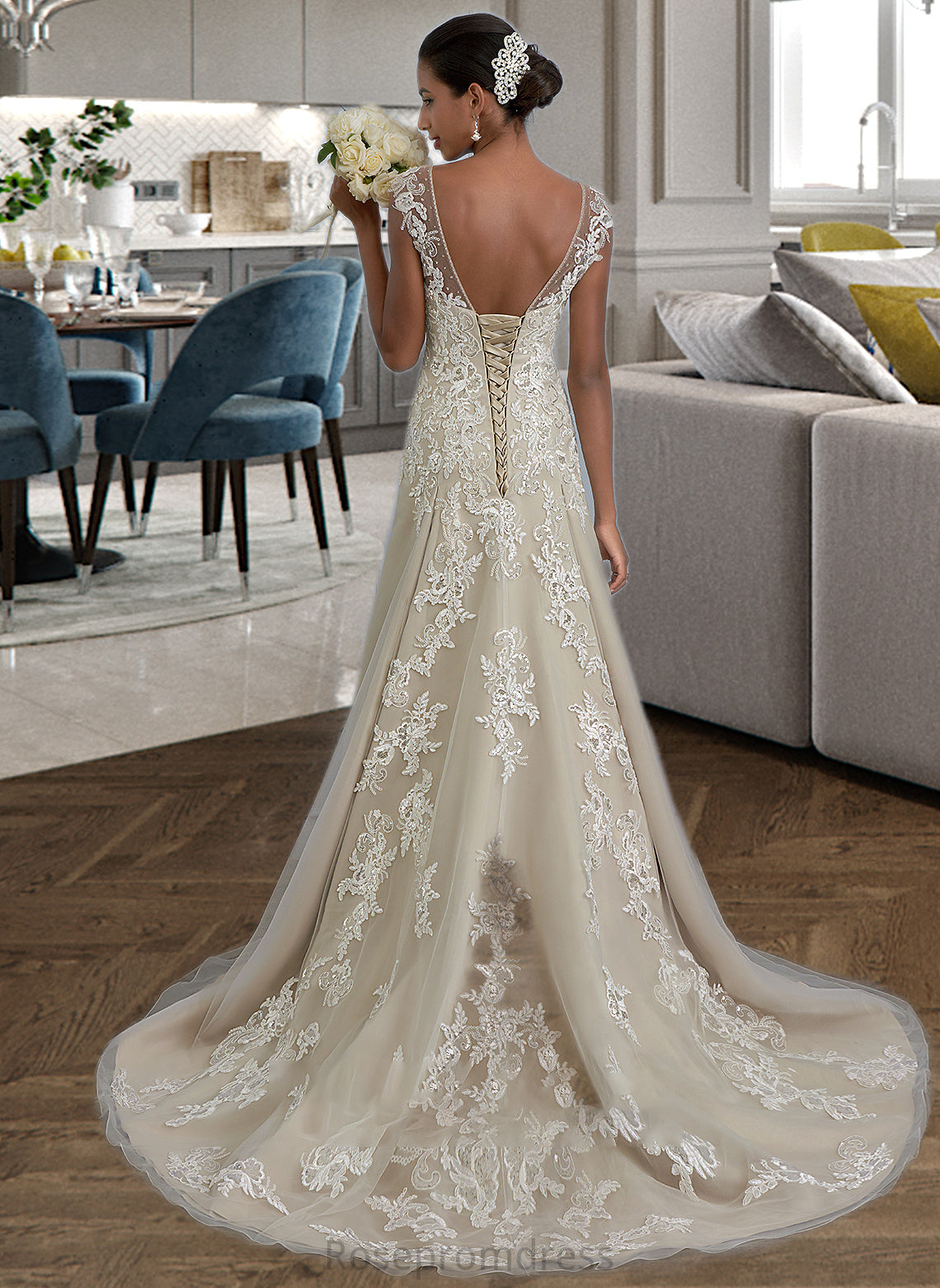 Abril A-Line V-neck Court Train Tulle Lace Wedding Dress With Beading Sequins SRSP0013709