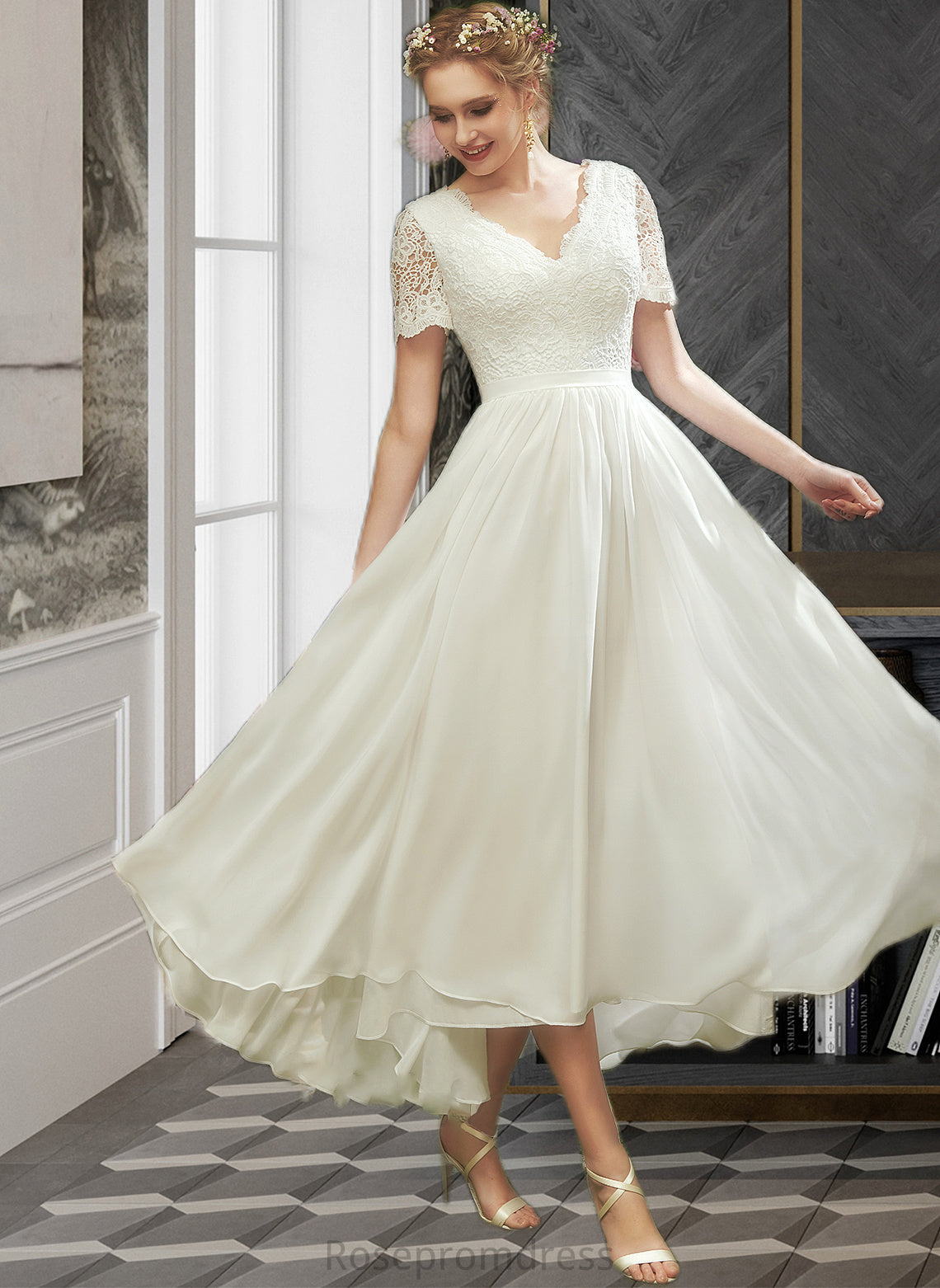 Kristen A-Line V-neck Asymmetrical Wedding Dress With Lace SRSP0013712