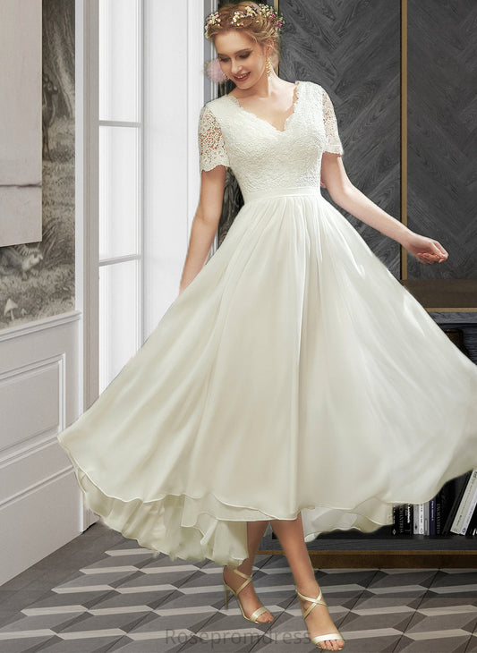 Kristen A-Line V-neck Asymmetrical Wedding Dress With Lace SRSP0013712