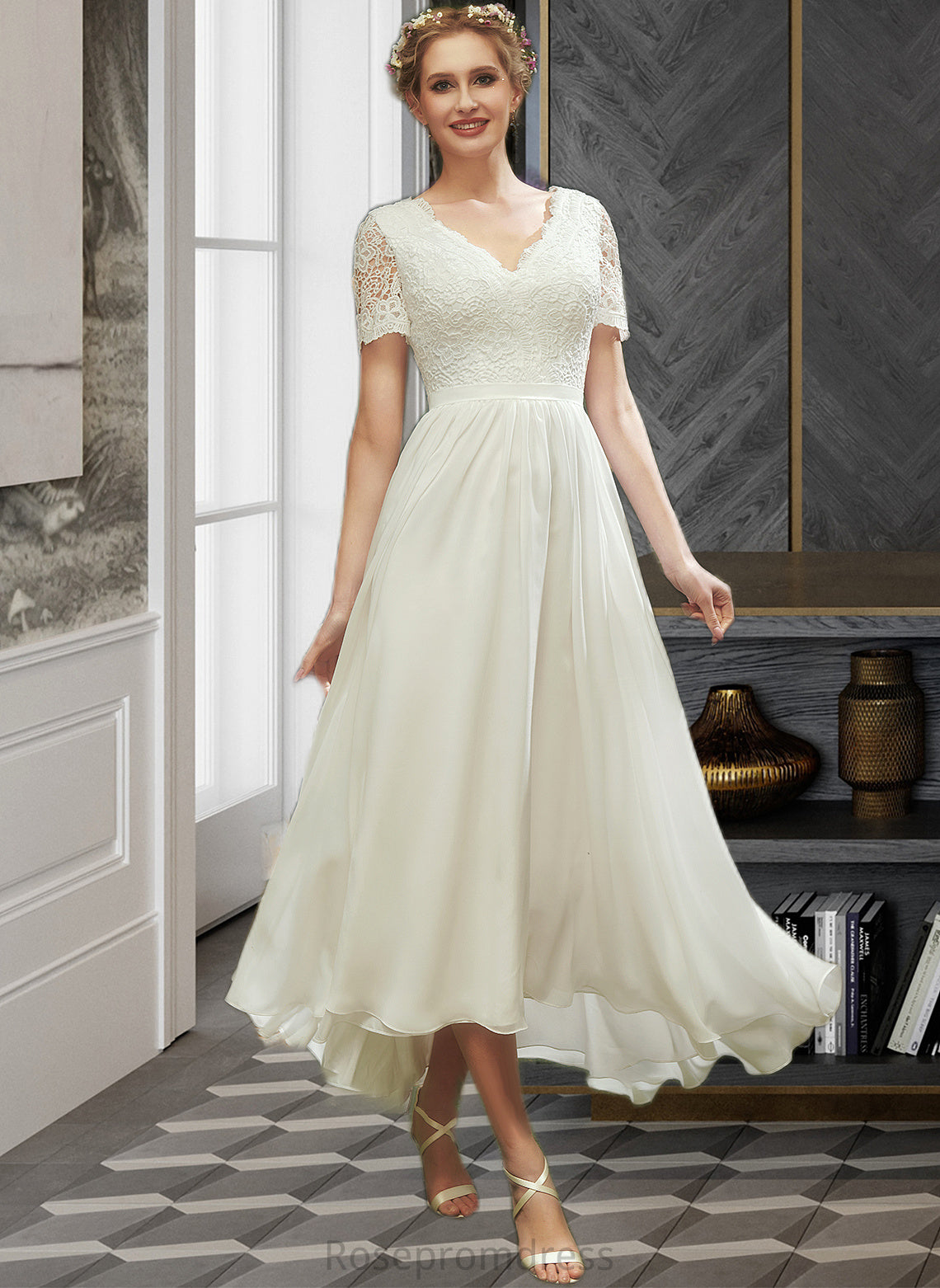 Kristen A-Line V-neck Asymmetrical Wedding Dress With Lace SRSP0013712