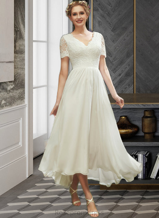 Kristen A-Line V-neck Asymmetrical Wedding Dress With Lace SRSP0013712