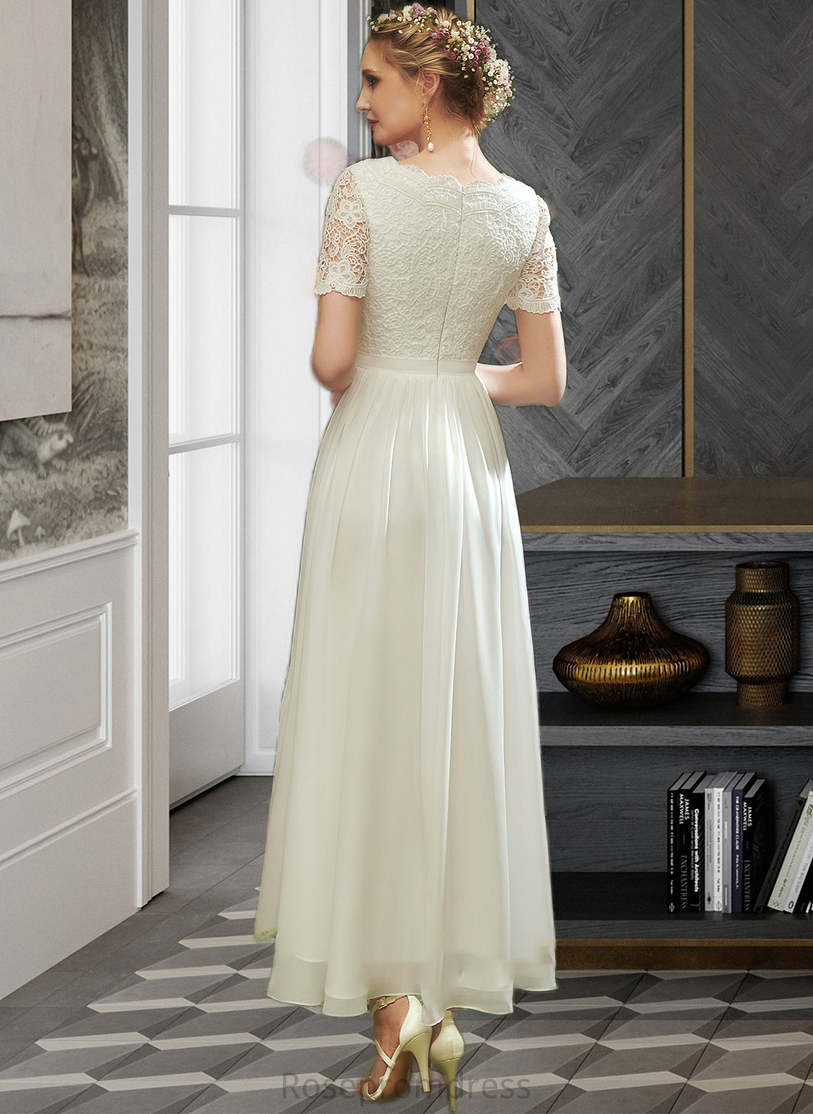 Kristen A-Line V-neck Asymmetrical Wedding Dress With Lace SRSP0013712