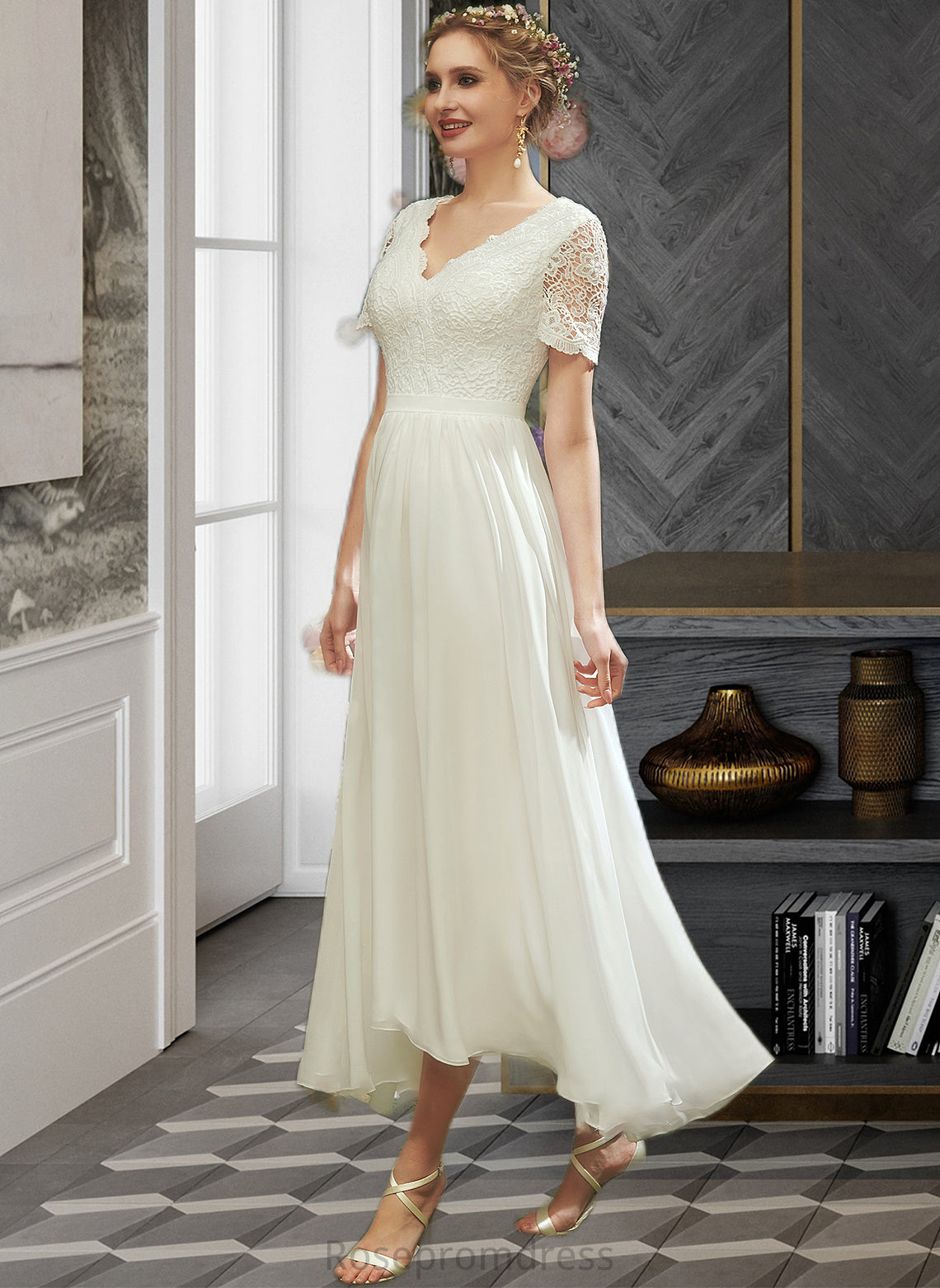 Kristen A-Line V-neck Asymmetrical Wedding Dress With Lace SRSP0013712