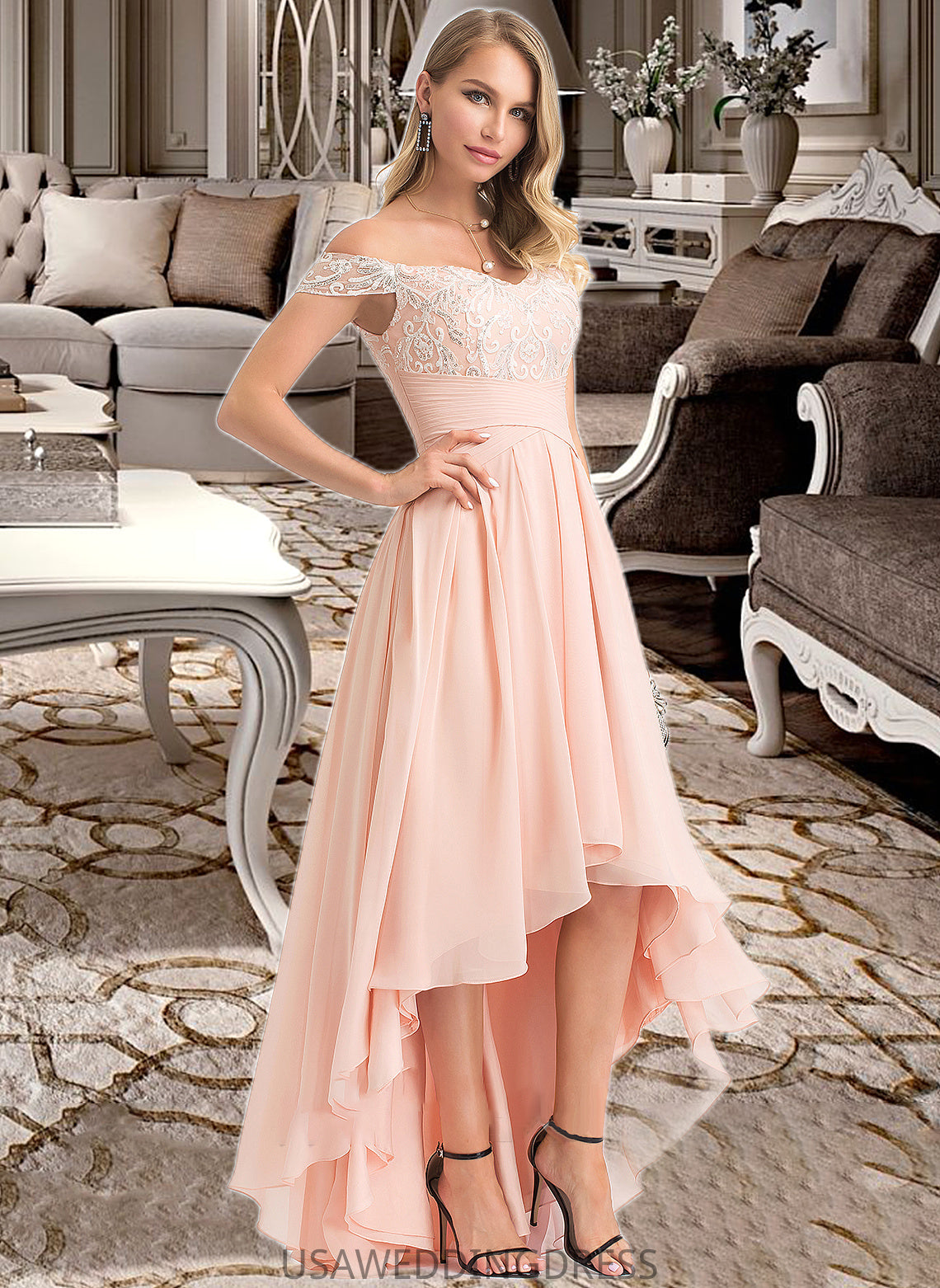 Annalise A-Line Off-the-Shoulder Asymmetrical Chiffon Wedding Dress With Sequins DSP0013713