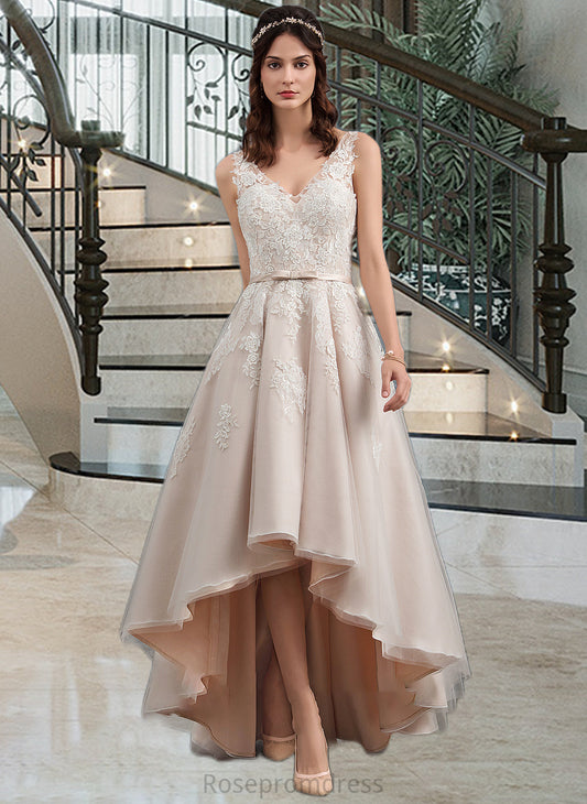 Courtney A-Line V-neck Asymmetrical Tulle Lace Wedding Dress With Bow(s) SRSP0013717