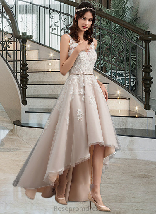 Courtney A-Line V-neck Asymmetrical Tulle Lace Wedding Dress With Bow(s) SRSP0013717