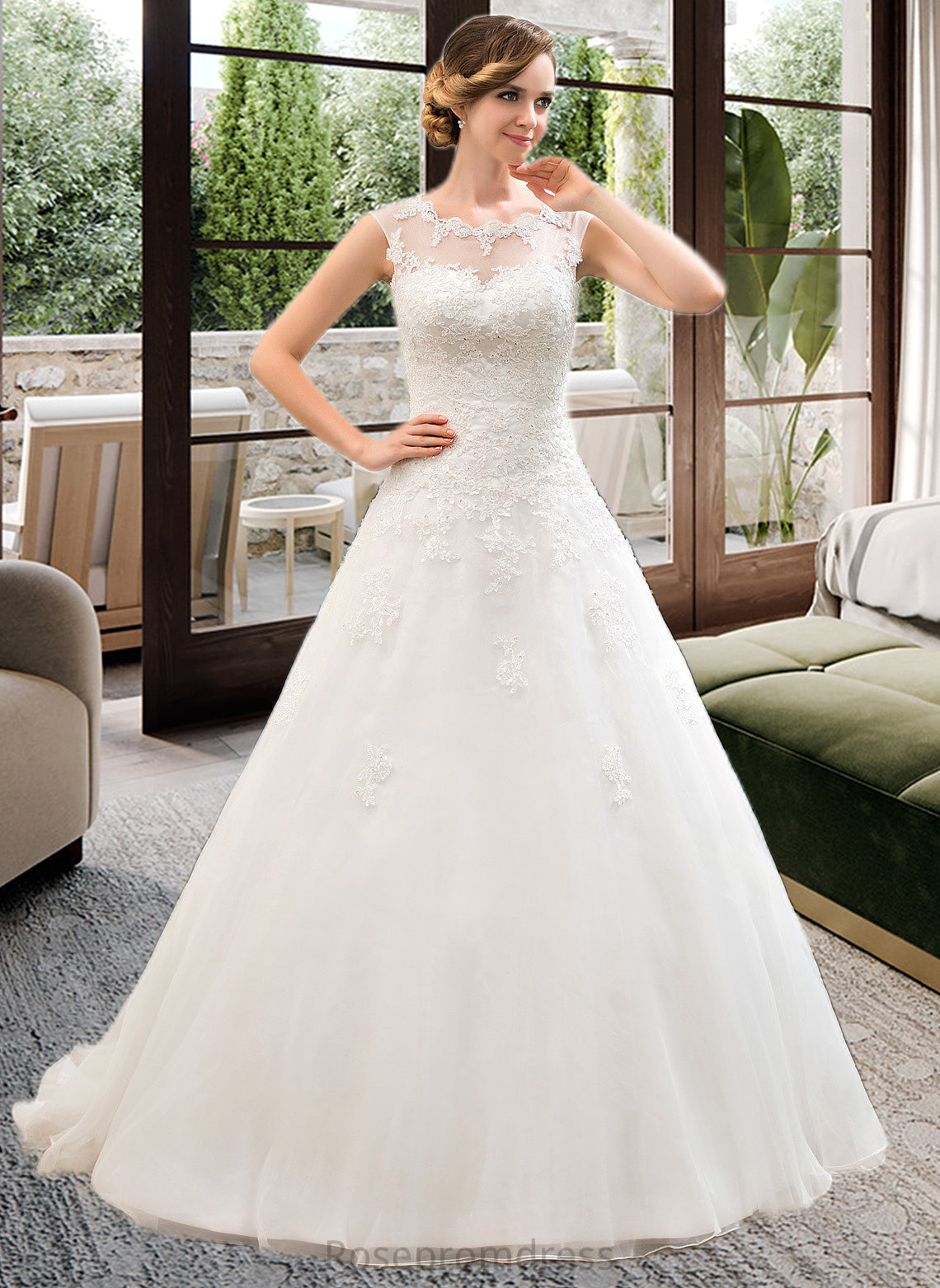 Nell Ball-Gown/Princess Illusion Sweep Train Organza Tulle Wedding Dress With Beading Sequins SRSP0013719