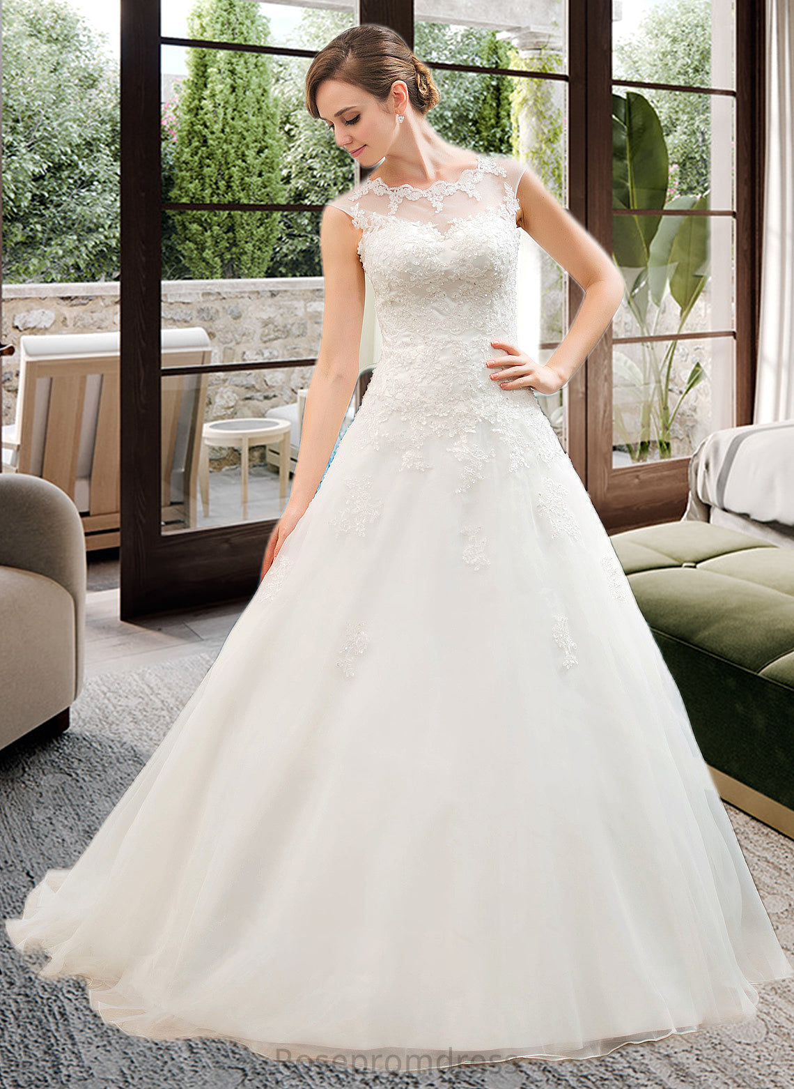 Nell Ball-Gown/Princess Illusion Sweep Train Organza Tulle Wedding Dress With Beading Sequins SRSP0013719